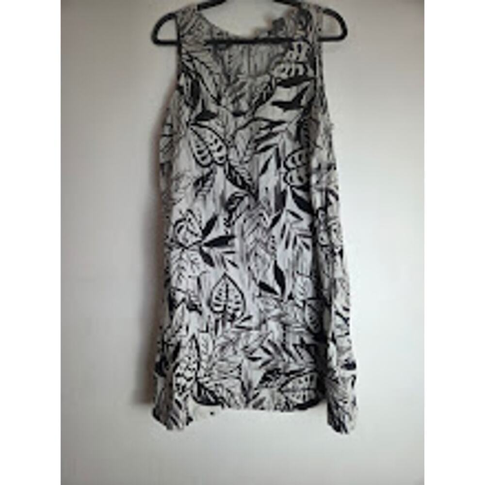 Tahari Black White Floral Sleeveless 100% Linen Lagenlook Knee Length Dress 1X